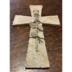Rose Flower Wall Cross Faux Wood Look Barbed Wire Hand Painted Polyresin 12 x 7"